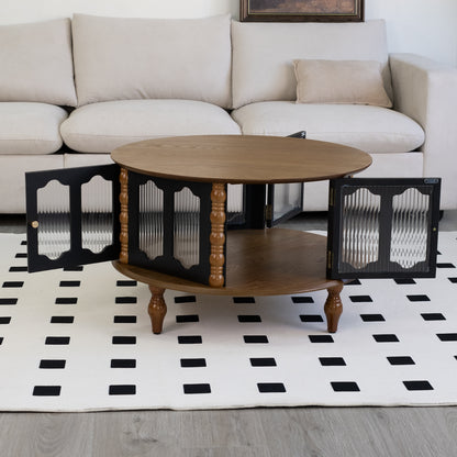 31.5" Round Brown Black Coffee Table with Storage Doors for Living Room