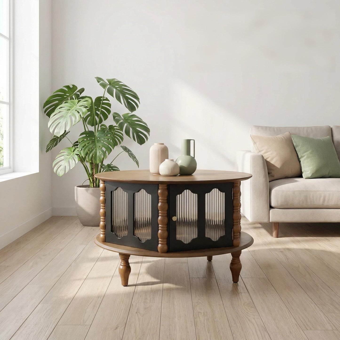 31.5-inch Round Three-Door Storage Coffee Table, Modern Real Wood Veneer Coffee Table, Suitable for Living Room, Apartment or Office, Ideal for Small Spaces, Black + Walnut Color