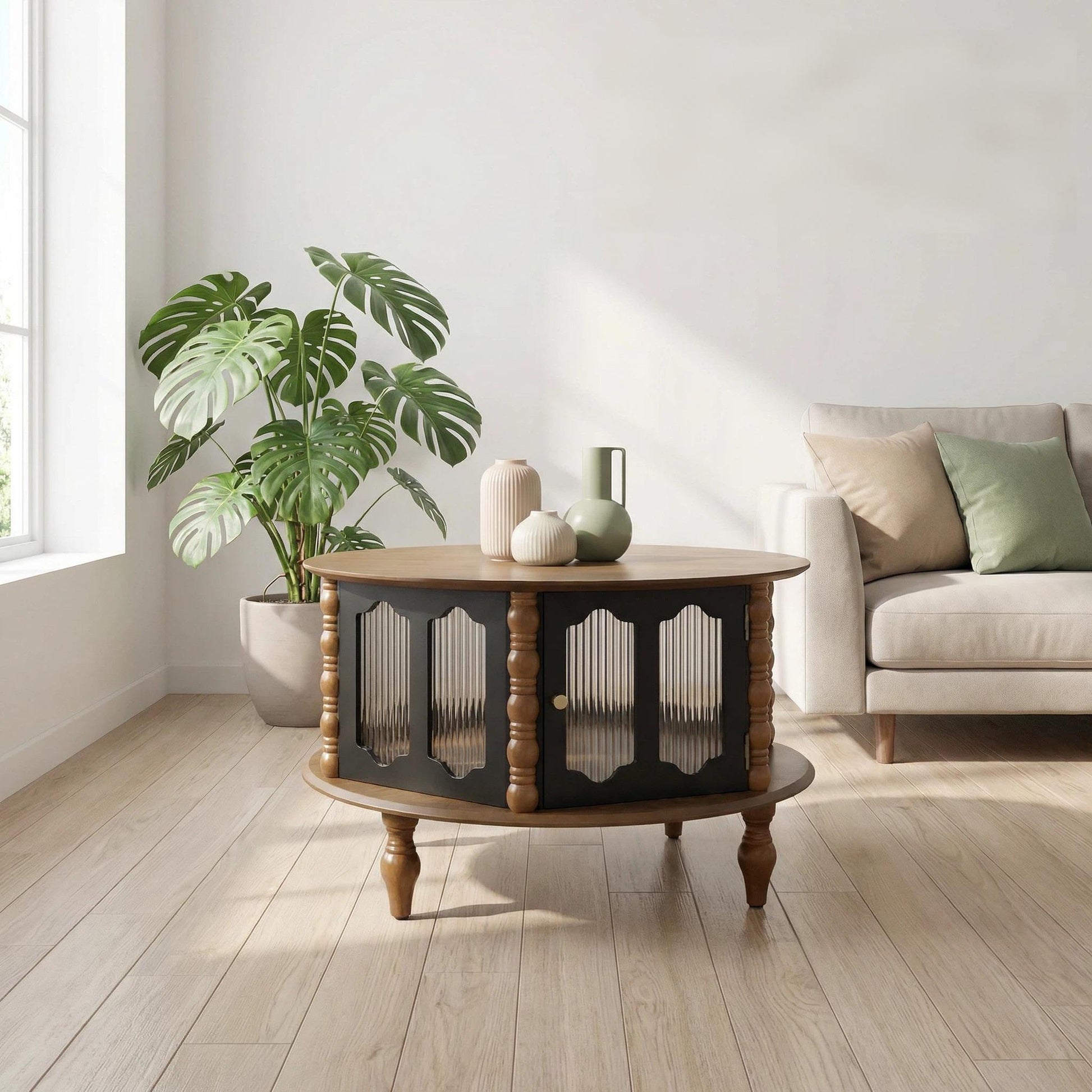 31.5-inch Round Three-Door Storage Coffee Table, Modern Real Wood Veneer Coffee Table, Suitable for Living Room, Apartment or Office, Ideal for Small Spaces, Black + Walnut Color