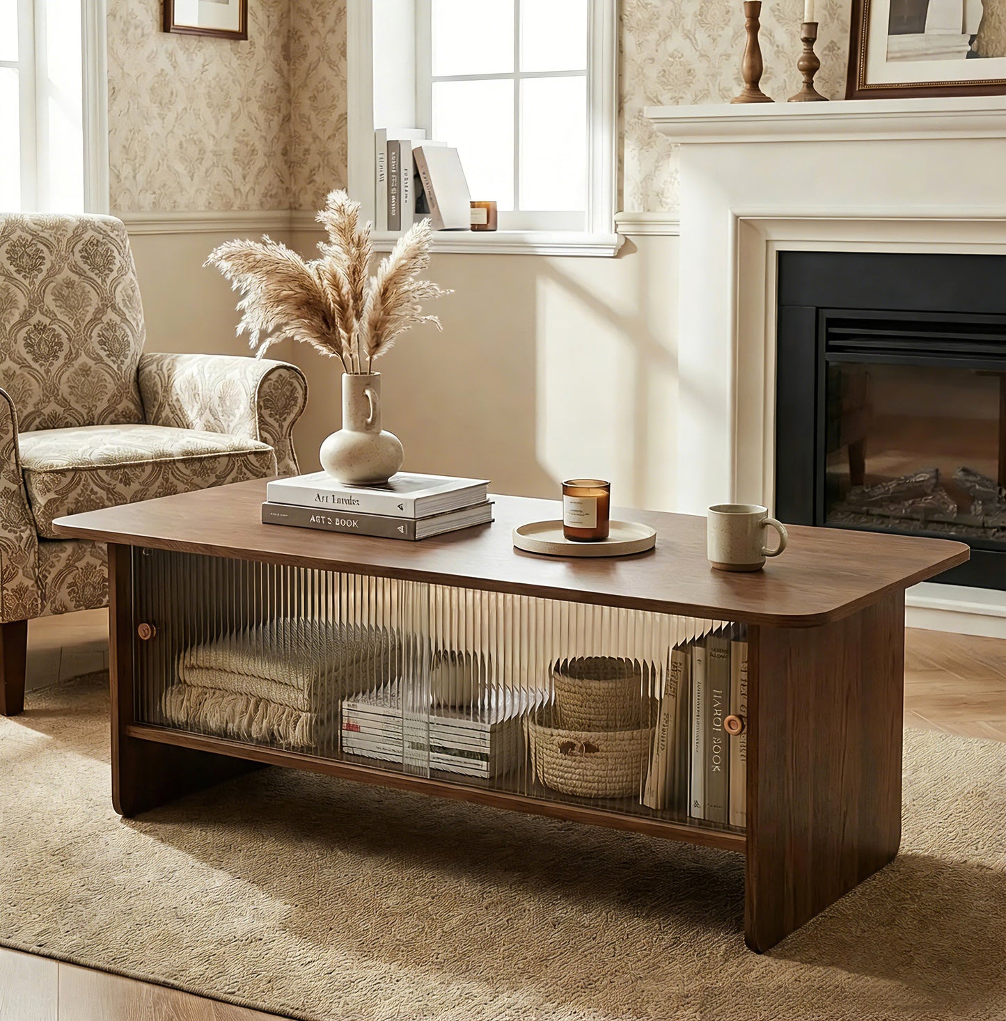 47-inch rectangular modern minimalist coffee table with a storage cabinet featuring glass sliding doors, suitable for living rooms, bedrooms and offices, easy to assemble, brown