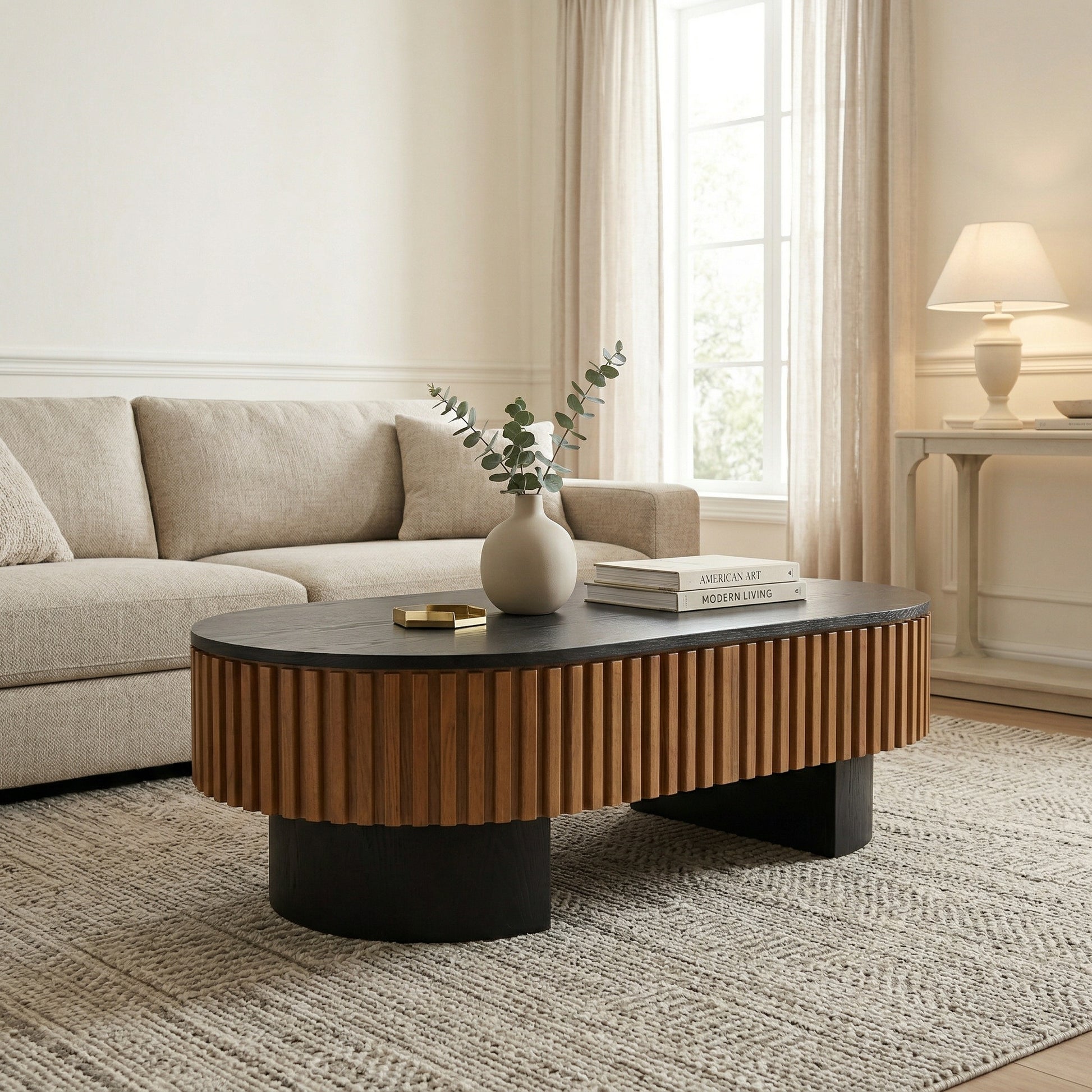 43.7"Elliptical living room coffee table with hidden storage and removable tabletop, solid wood veneer modern coffee table. Suitable for living rooms, bedrooms, apartments or offices, black + walnut