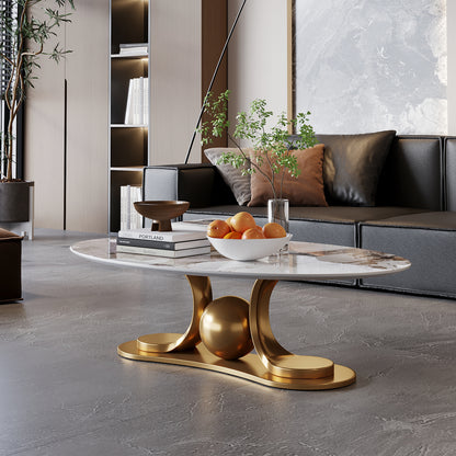 Gold Metal Coffee Table with Stainless Steel Pedestal and Faux Marble Top