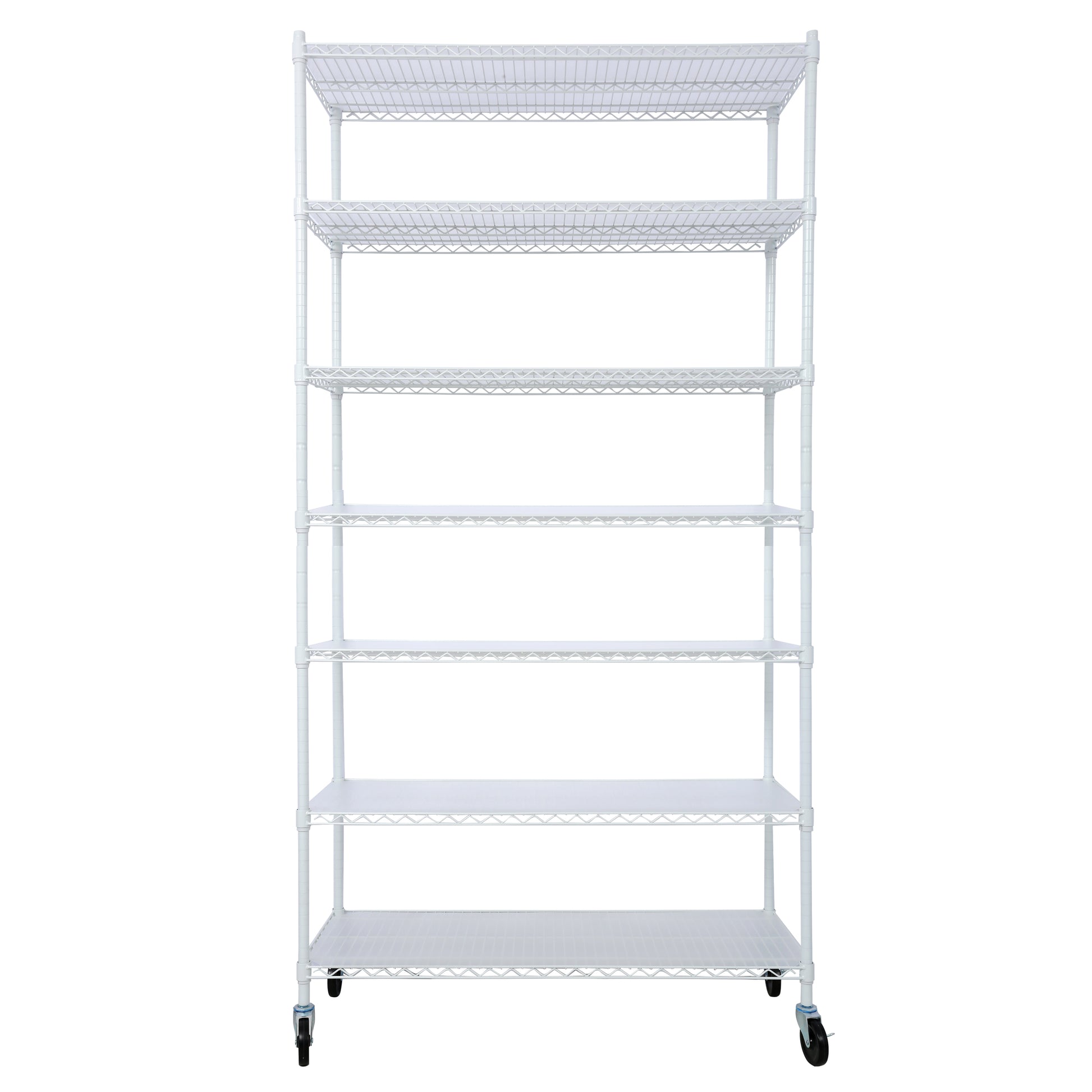 7 Tier Metal Shelf Wire Shelving Unit, 2450lbs Heavy Duty Adjustable Storage Rack with Wheels & Shelf Liners for Closet Kitchen Garage Basement Commercial Shelving - 81.5" H x 48" L x 18" D white