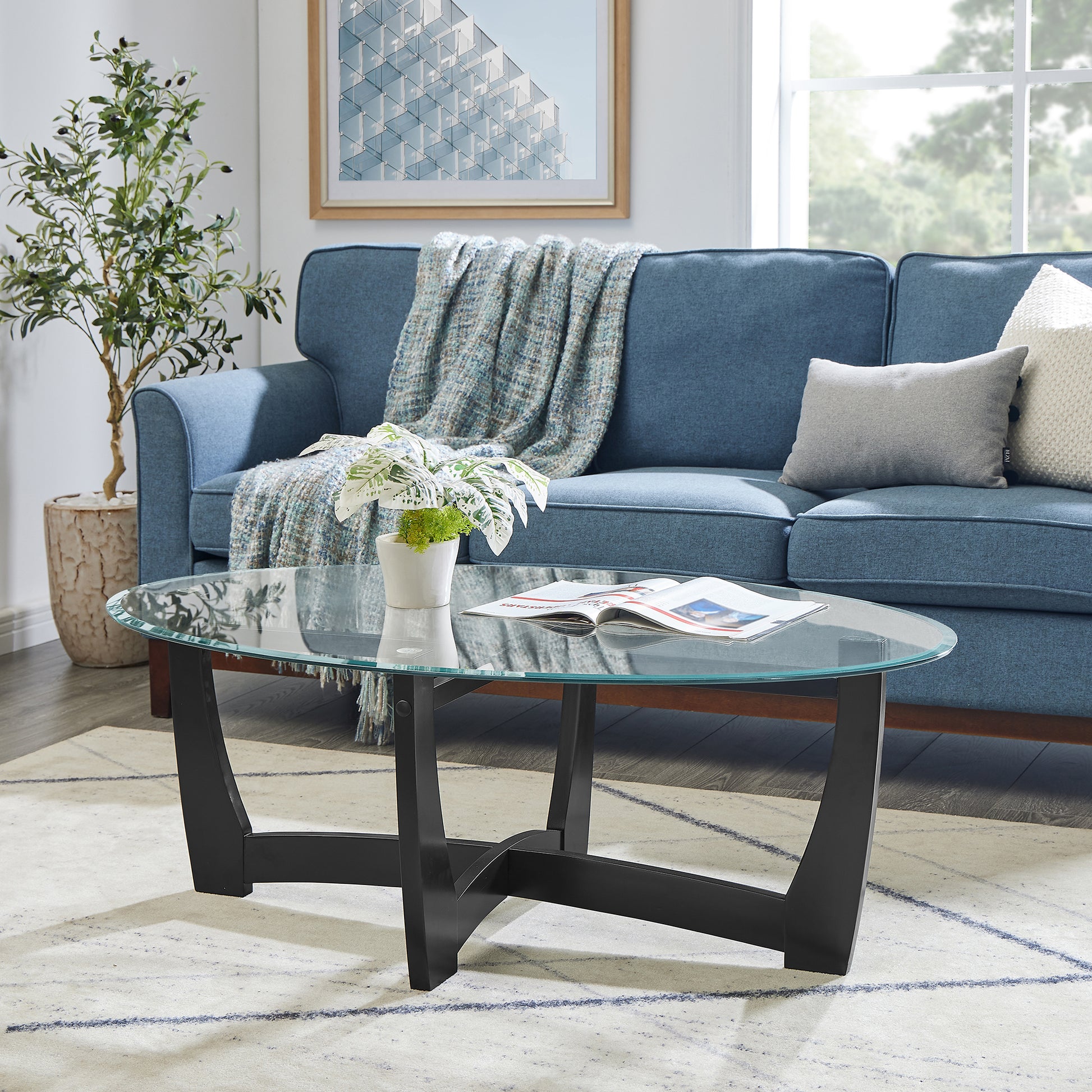 48 Inch Oval Glass Coffee Table, Black Round Coffee Table Center Table with Glass Top, Small Coffee Table for Living Room, Office and Apartment