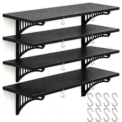 4 Pack Garage Wall Shelving Heavy Duty - 1.4 x 4 Foot Wall Mounted Storage Shelves with Built-in Hooks, Floating Shelves for Garage Organization, Tool Storage Rack, Black Metal Shelving