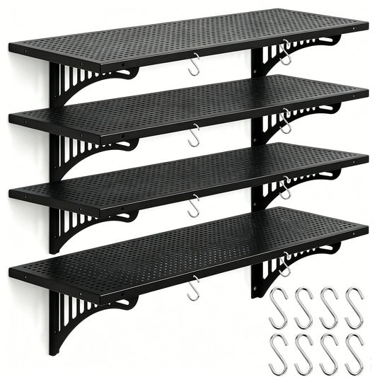 4 Pack Garage Wall Shelving Heavy Duty - 1.4 x 4 Foot Wall Mounted Storage Shelves with Built-in Hooks, Floating Shelves for Garage Organization, Tool Storage Rack, Black Metal Shelving