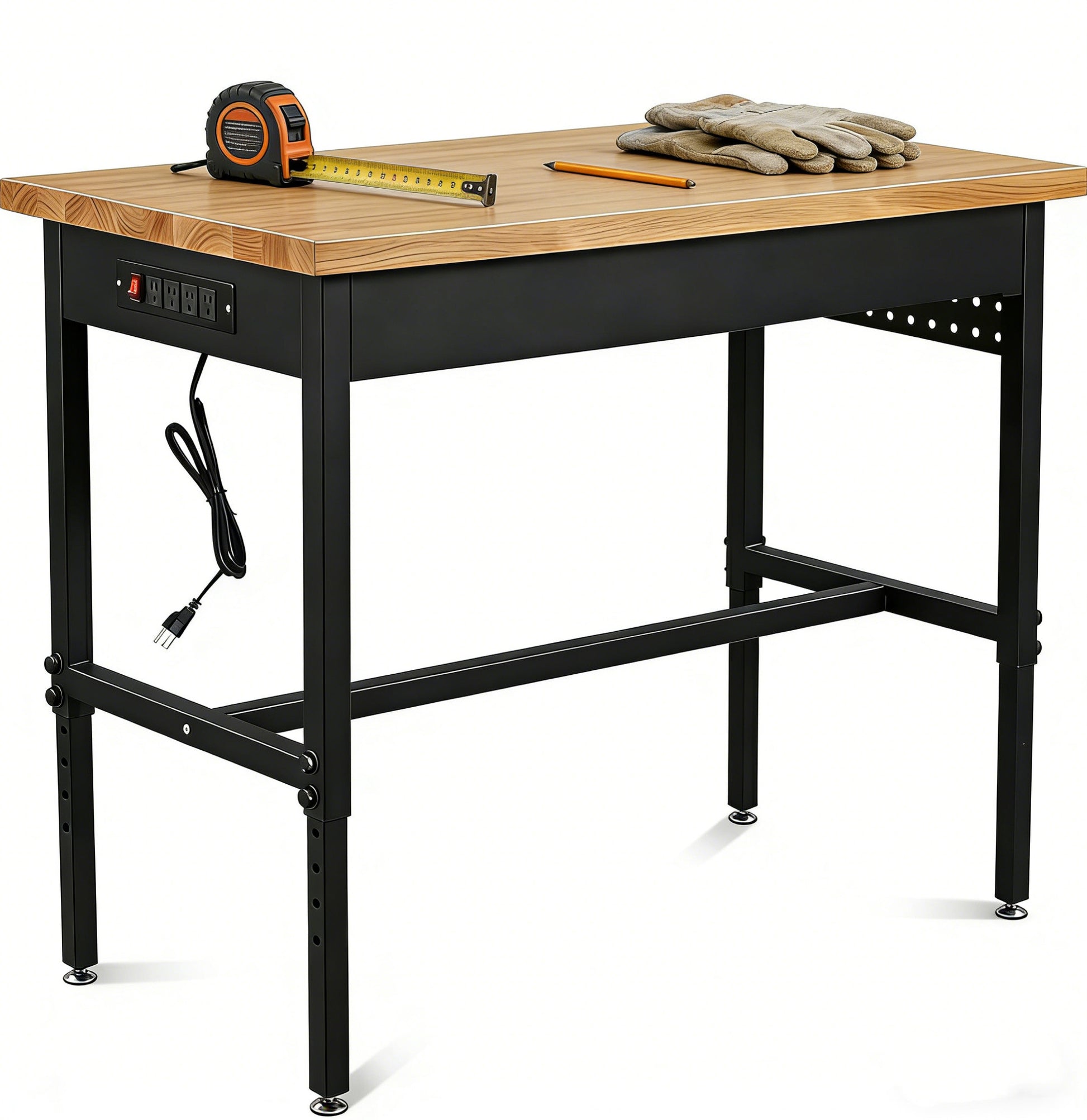 48/60/70 Inch Adjustable Workbench with Power Outlet Heavy Duty 2500 LBS Load Capacity Hardwood Work Table for Garage 6 Level Height Adjustable Workshop Bench with Wheels (60"x24")