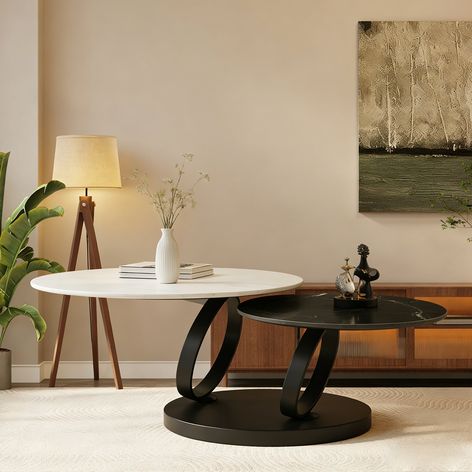 Living Room 2 Round Nested Coffee Tables – Black & White Sintered Stone Top, Space