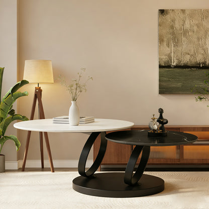 Living Room 2 Round Nested Coffee Tables – Black & White Sintered Stone Top, Space