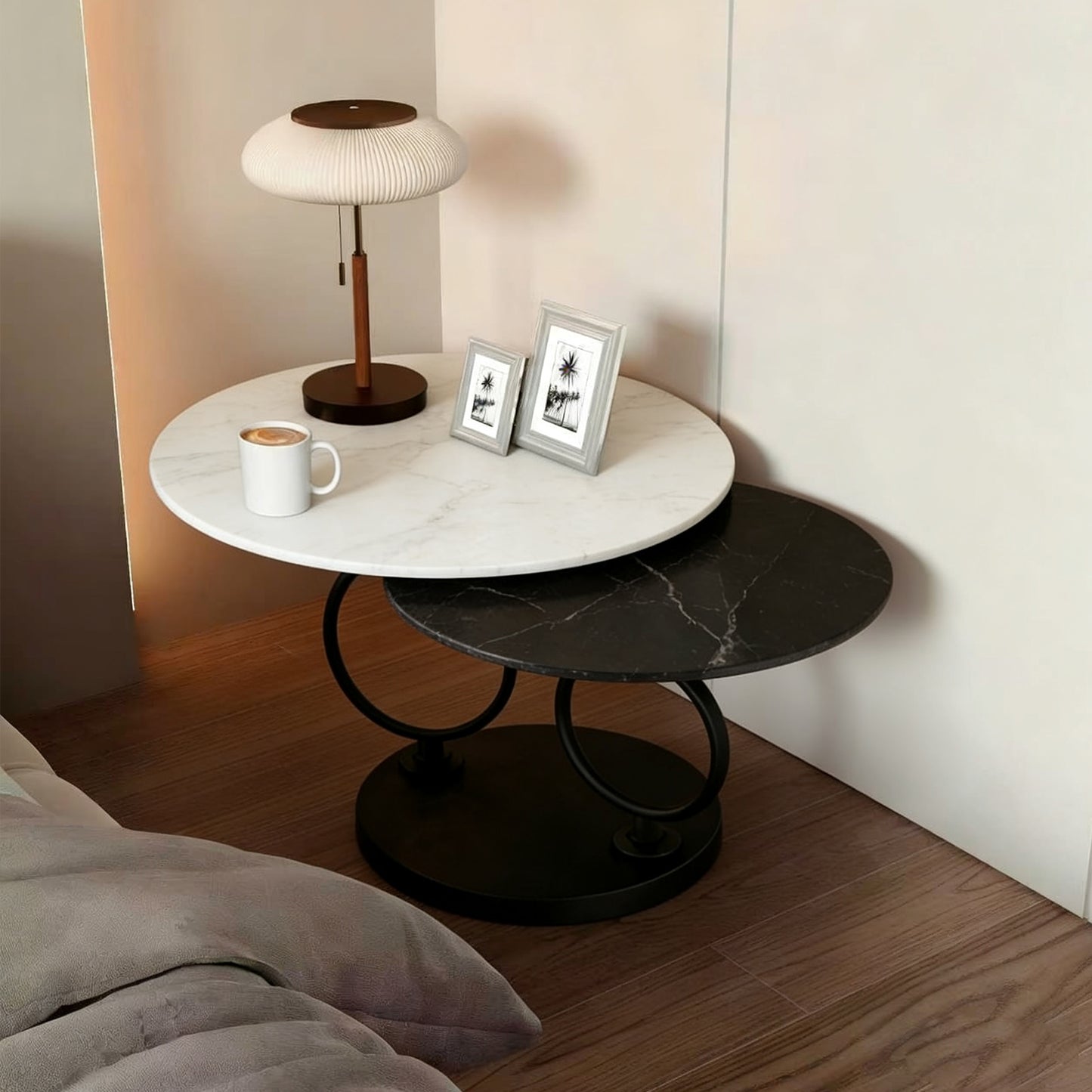 Living Room 2 Round Nested Coffee Tables – Black & White Sintered Stone Top, Space