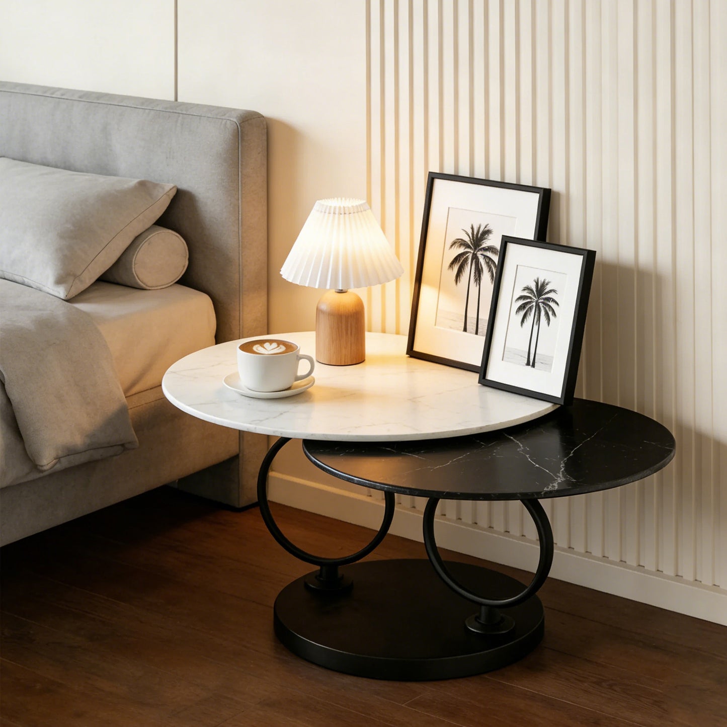 Living Room 2 Round Nested Coffee Tables – Black & White Sintered Stone Top, Space