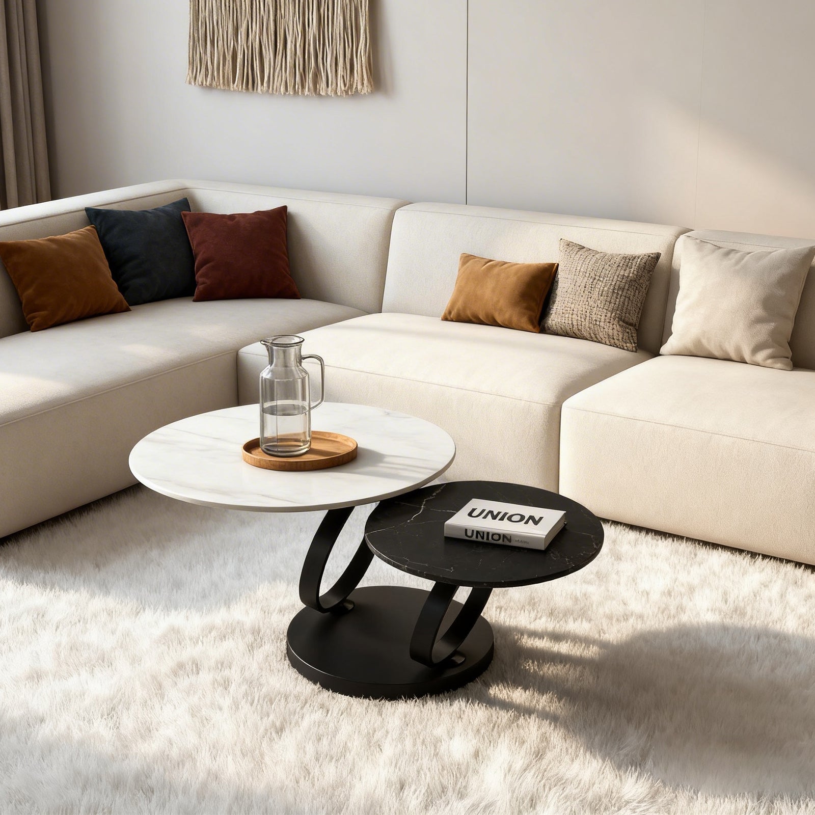 Living Room 2 Round Nested Coffee Tables – Black & White Sintered Stone Top, Space