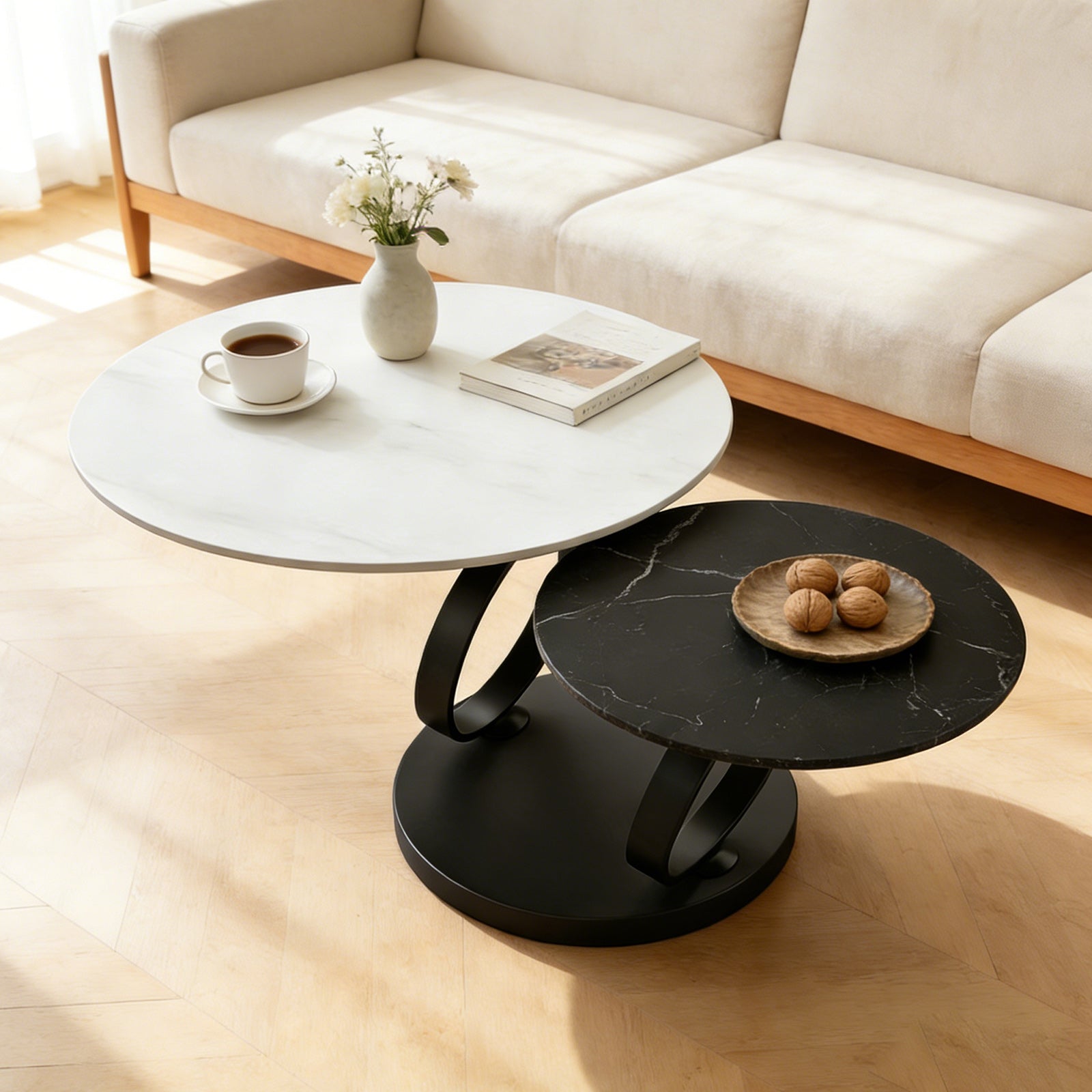 Living Room 2 Round Nested Coffee Tables – Black & White Sintered Stone Top, Space