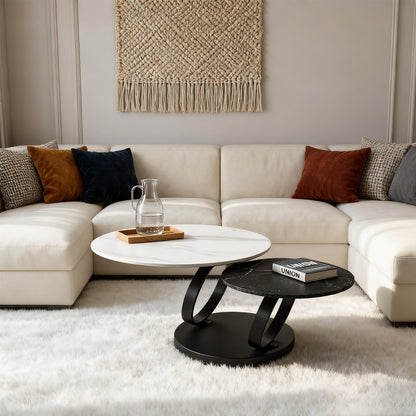 Living Room 2 Round Nested Coffee Tables – Black & White Sintered Stone Top, Space