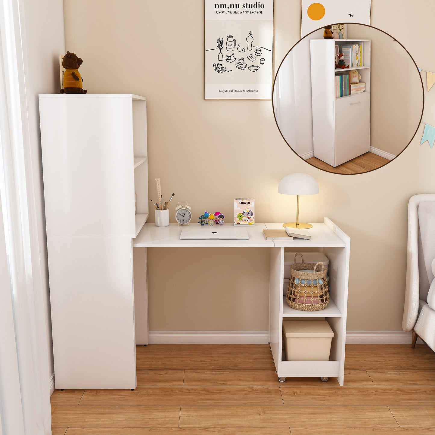 Stretchable desk, office desk with storage shelves and mobile wheels, foldable desk suitable for small apartments and offices, white