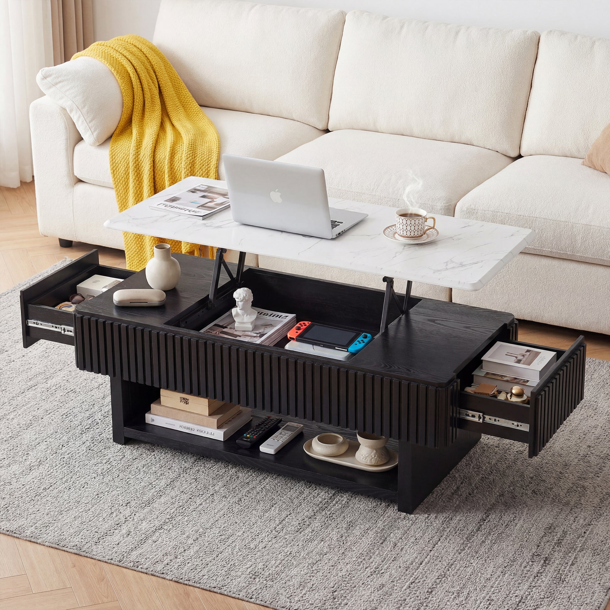 46.5" Rectangle Lift Top Coffee Table with Drawer & Hidden Storage, Modern Fluted Table with White Marble-Pattern Top & Solid Wood Strips, Multi-Functional Center Table for Small Space,Living Room