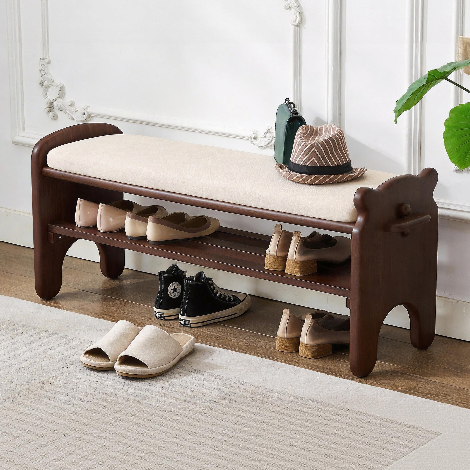Solid Wood Shoe Bench, 2-Tier Wooden Entryway Bench, Modern Shoe Rack with Faux Leather Cushion for Hallway, Living Room (Walnut, 31.5'')