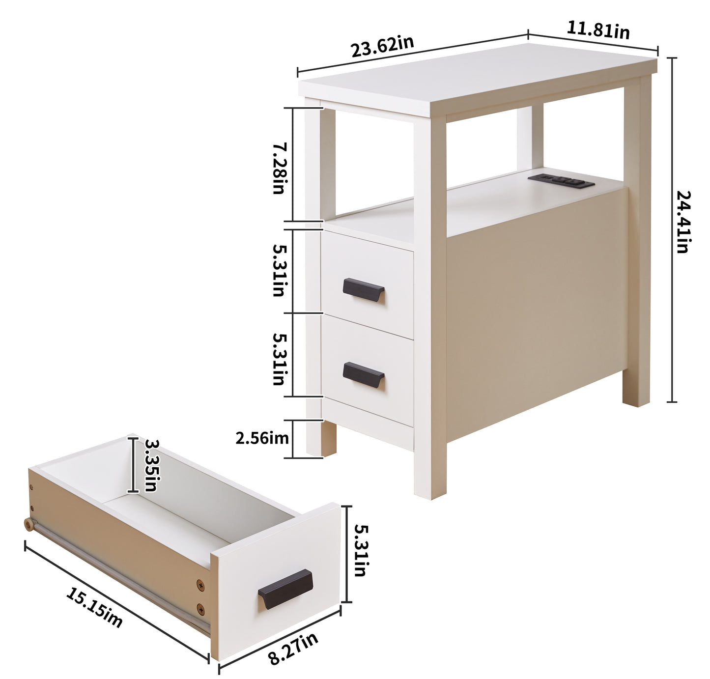 White Nightstand with USB Charging Station & Drawers for Living Room
