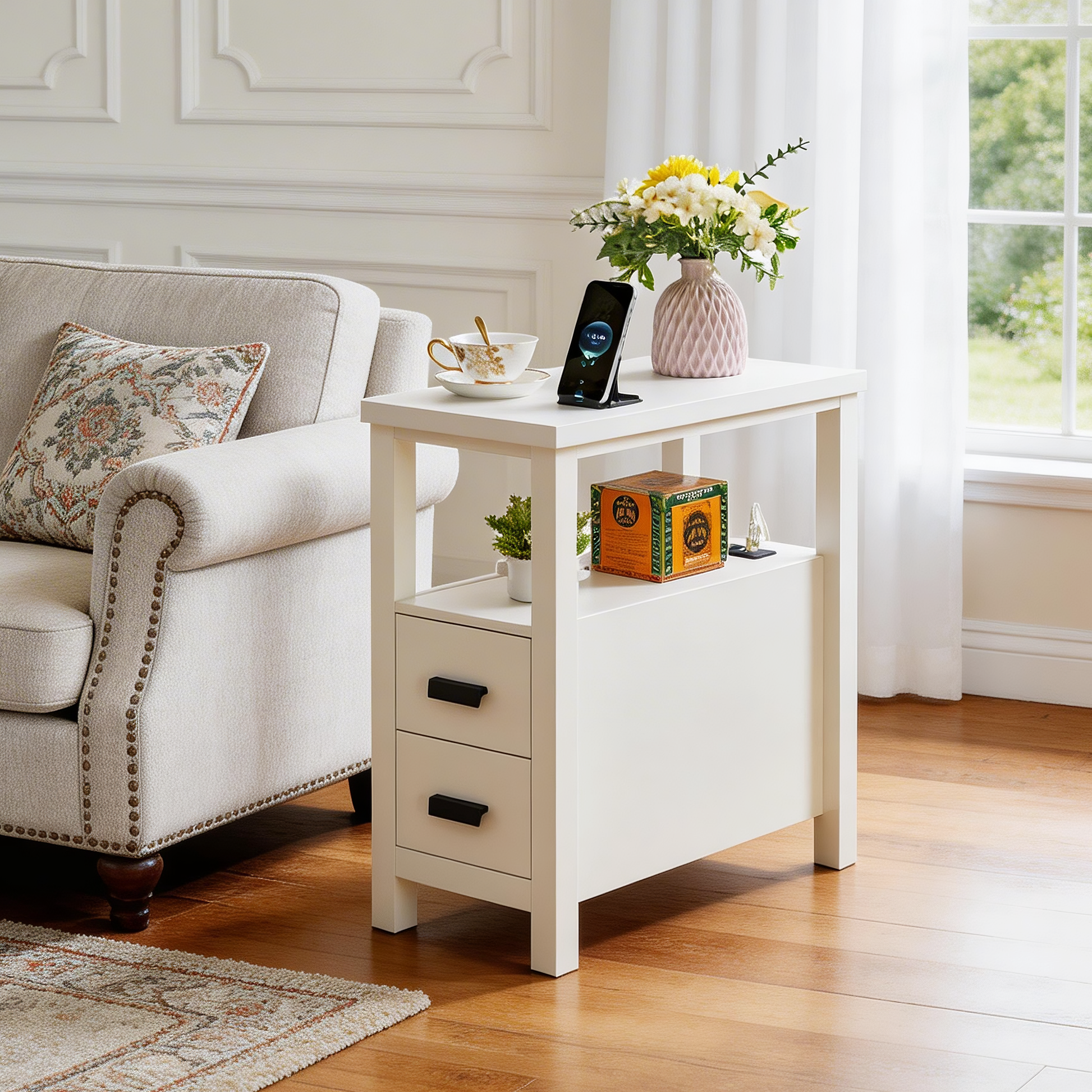 White Nightstand with USB Charging Station & Drawers for Living Room