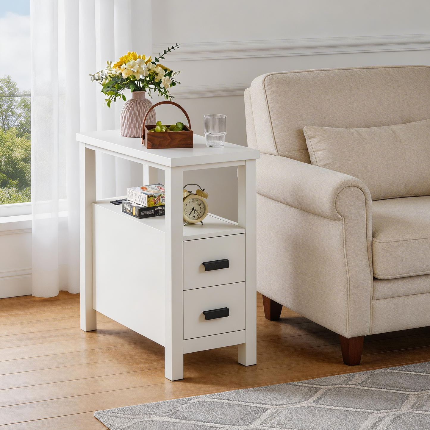 White Nightstand with USB Charging Station & Drawers for Living Room