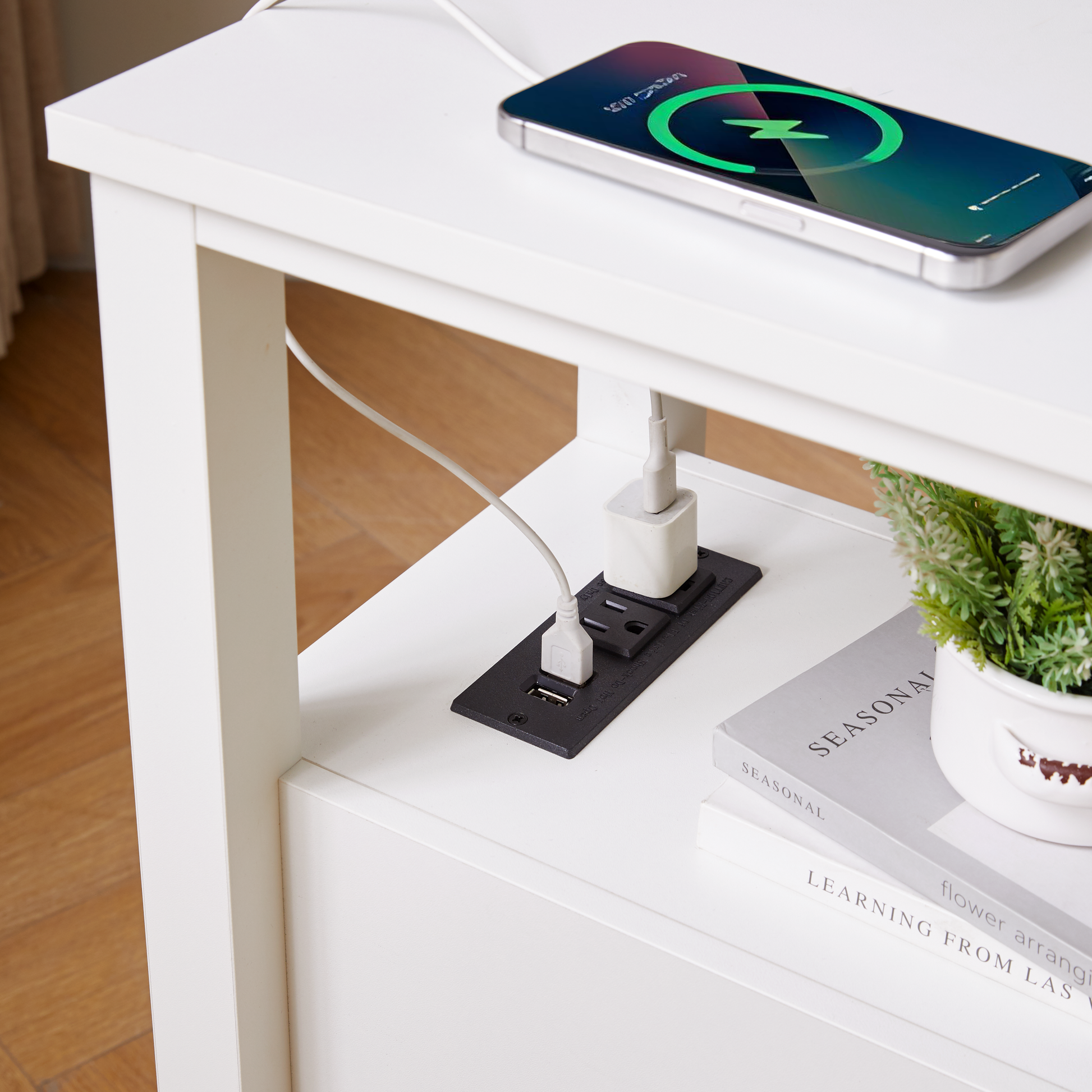 White Nightstand with USB Charging Station & Drawers for Living Room