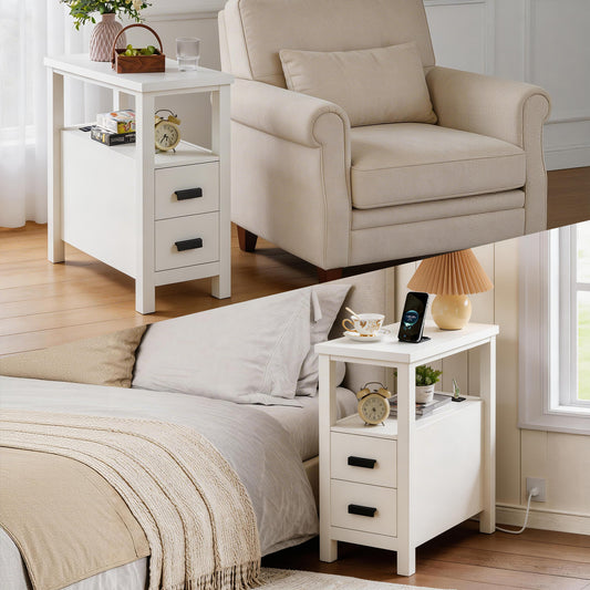 End Table with Charging Station,Side Tables with USB Ports & Outlets,Side Table with 2 Drawers, Small Wood Bedside Table, Small Rustic Side Table, Modern End Table with Drawer