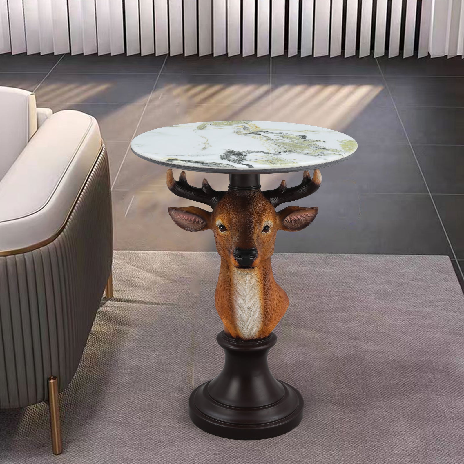 Brown Resin Deer Bust Accent Table for Rustic Home Décor for Living Room