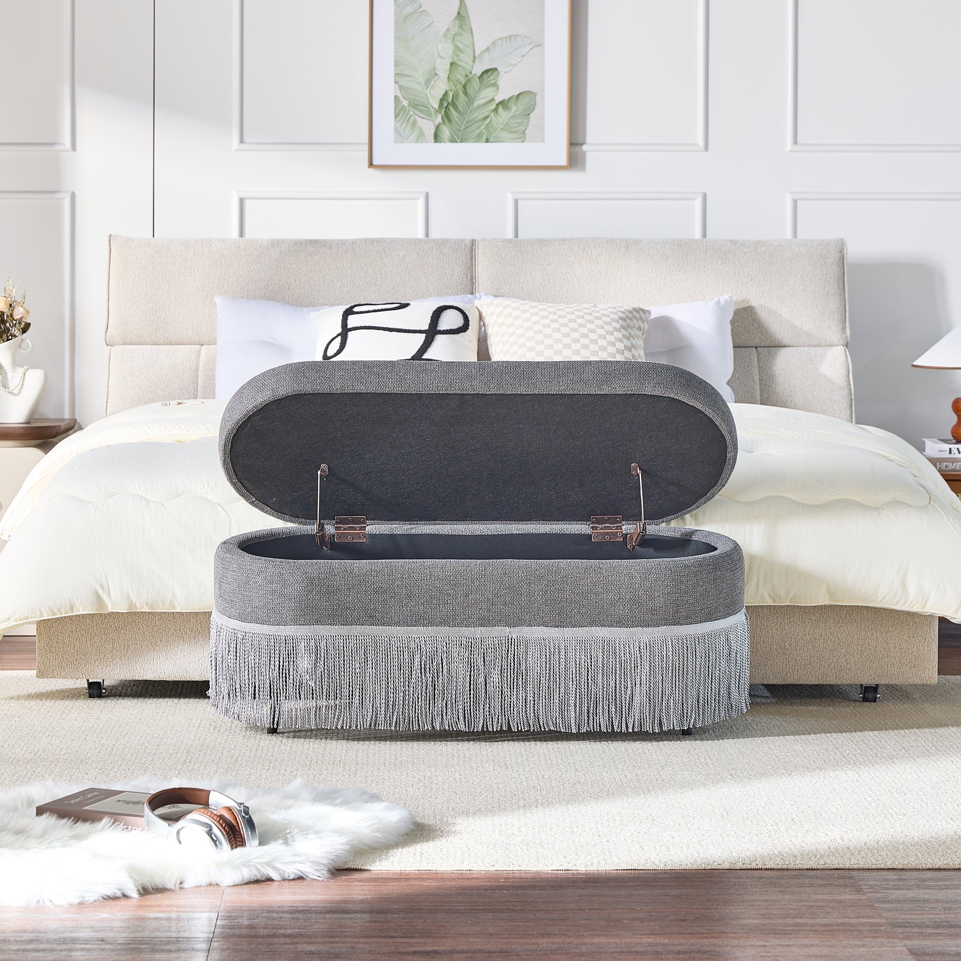 Oval Upholstered Storage Ottoman with Fringe Trim & Lift-Top Lid - 39"L x 16"W x 17"H, Multi-Functional Footrest & Hidden Storage for Living Room or Bedroom - Grey Fabric with Metal Frame