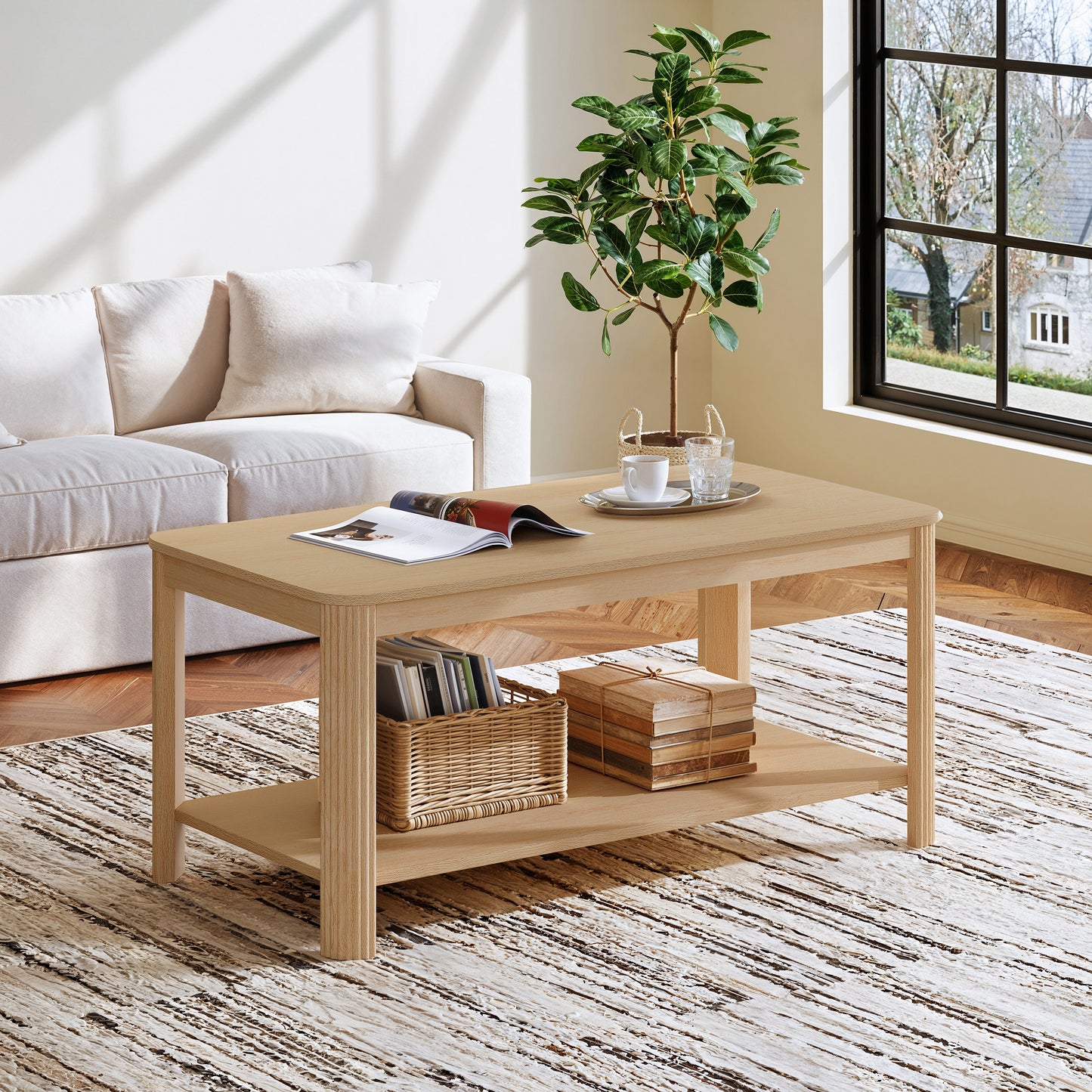 Arc Corner Wood Coffee Table with Storage Shelf – Vertical Wave Grain Legs, Light Oak Finish, Modern Minimalist Rectangular Accent Table for Living Room & Bedroom (39.4" L x 20" W x 17.7" H)