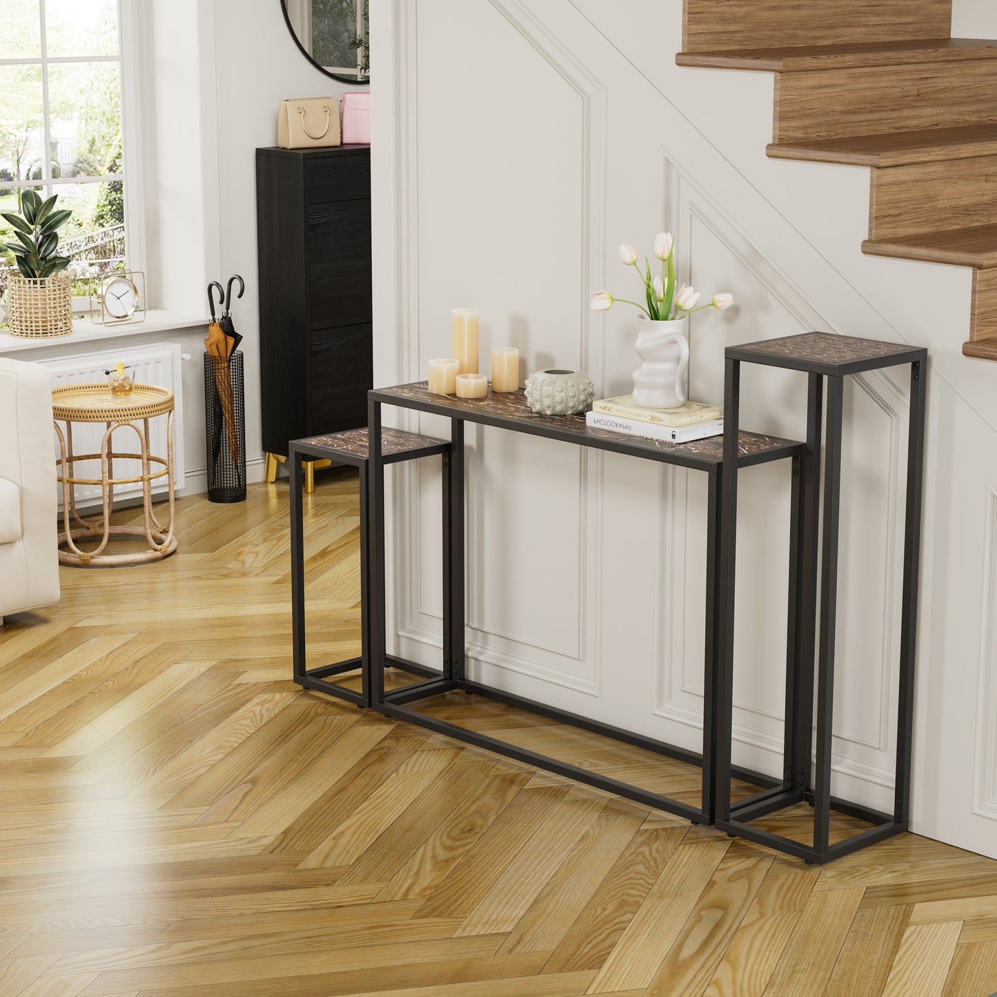 3-Piece Narrow Console Table - Black MDF & Iron for Living Room