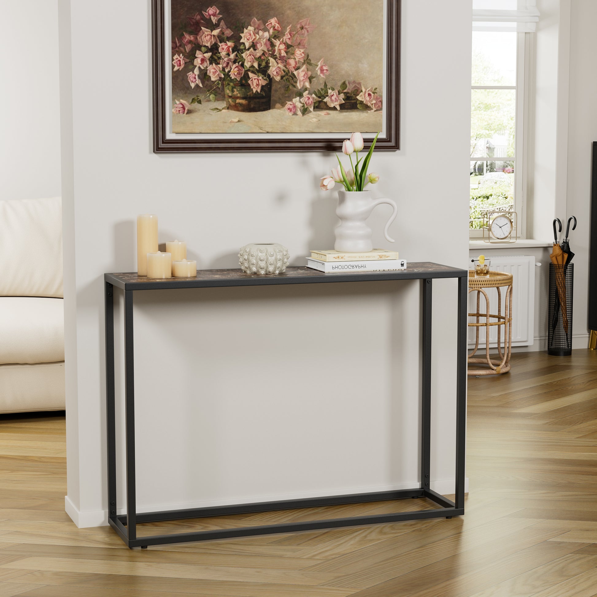 3-Piece Narrow Console Table - Black MDF & Iron for Living Room