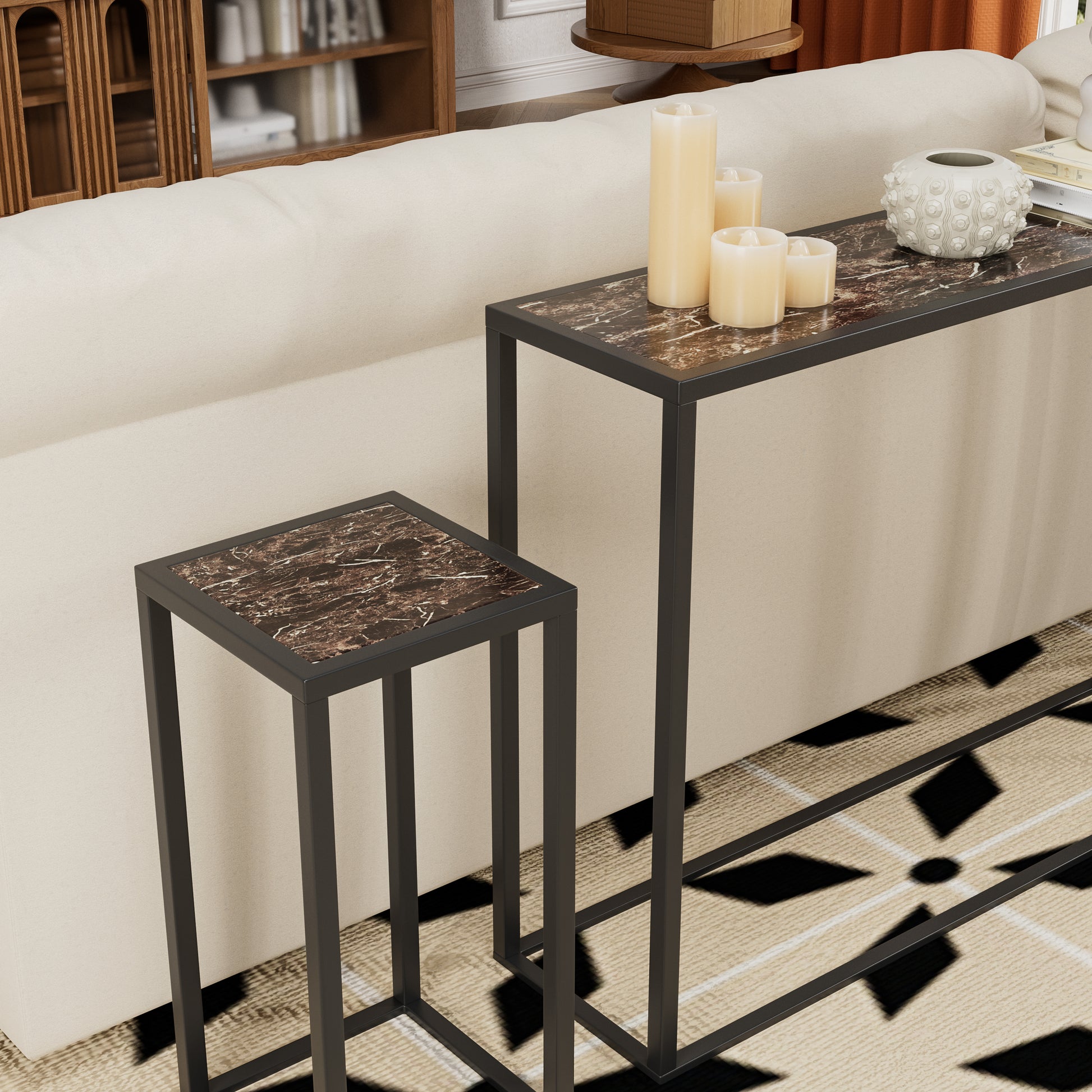 3-Piece Narrow Console Table - Black MDF & Iron for Living Room