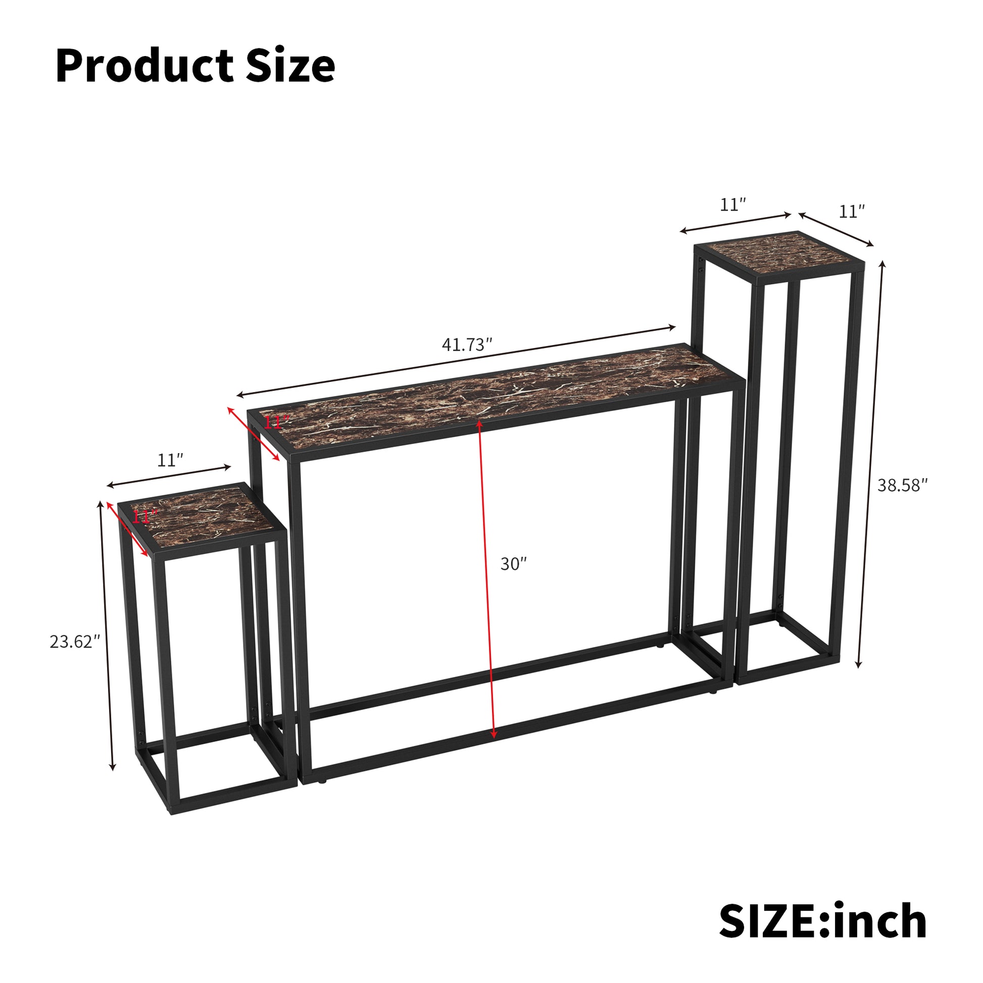3-Piece Narrow Console Table - Black MDF & Iron for Living Room