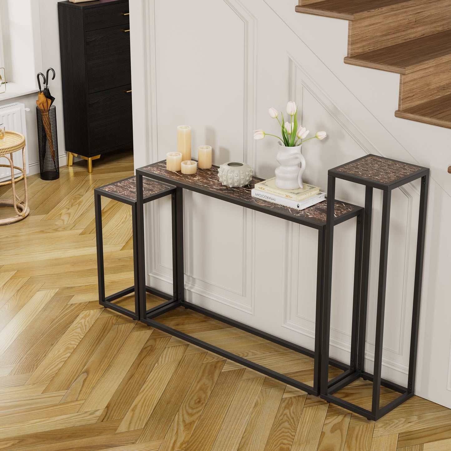3-piece set of narrow table, high-end edge wrapped entrance hall table, entrance, industrial corridor table, living room, entrance hall, rural brown black color