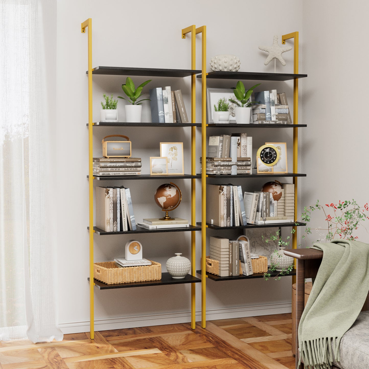 Black MDF Ladder Shelf - 5 Tier Wall Mounted Bookshelf
