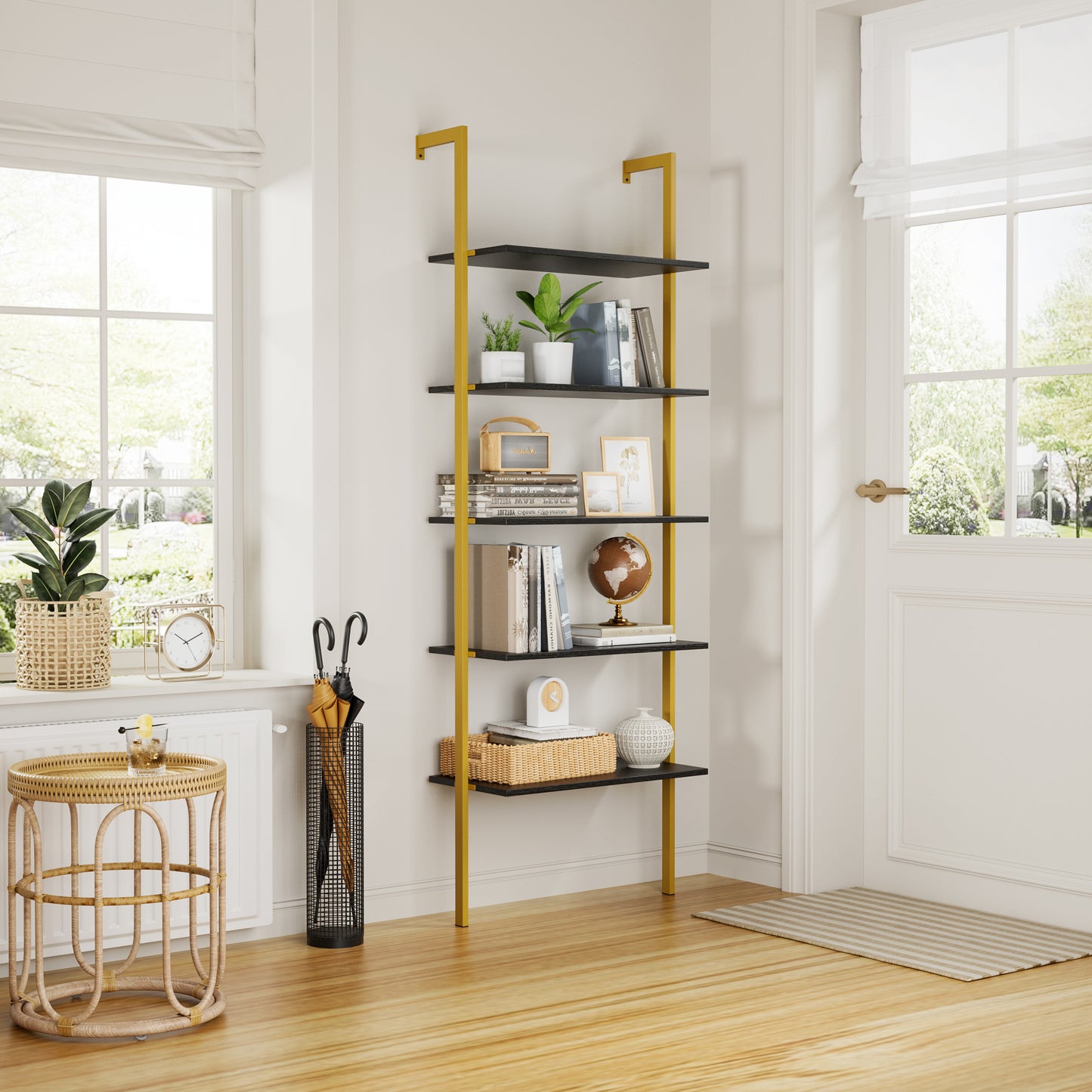 Black MDF Ladder Shelf - 5 Tier Wall Mounted Bookshelf