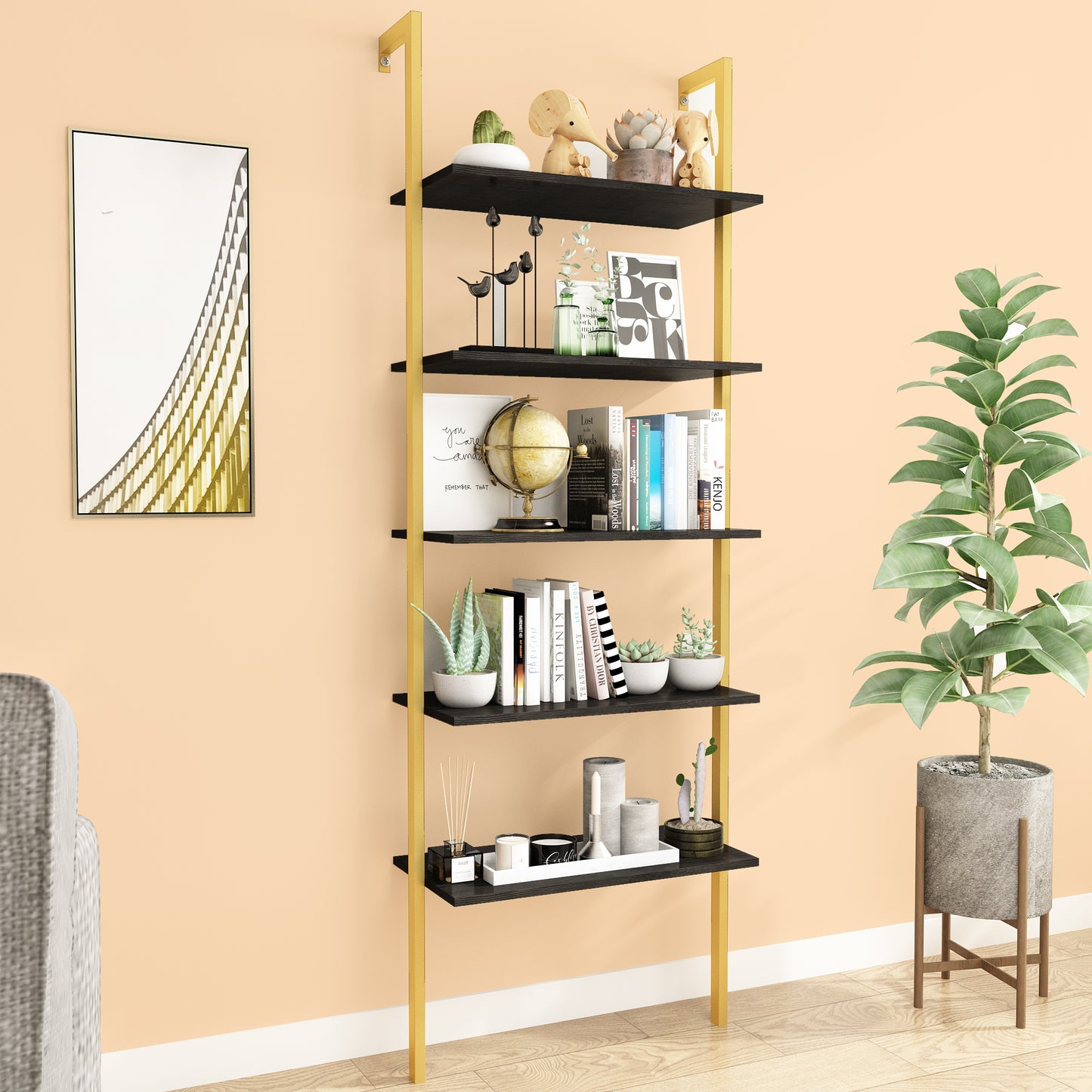 Black MDF Ladder Shelf - 5 Tier Wall Mounted Bookshelf