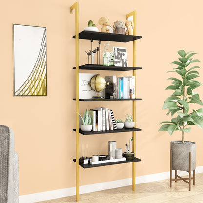 Black MDF Ladder Shelf - 5 Tier Wall Mounted Bookshelf