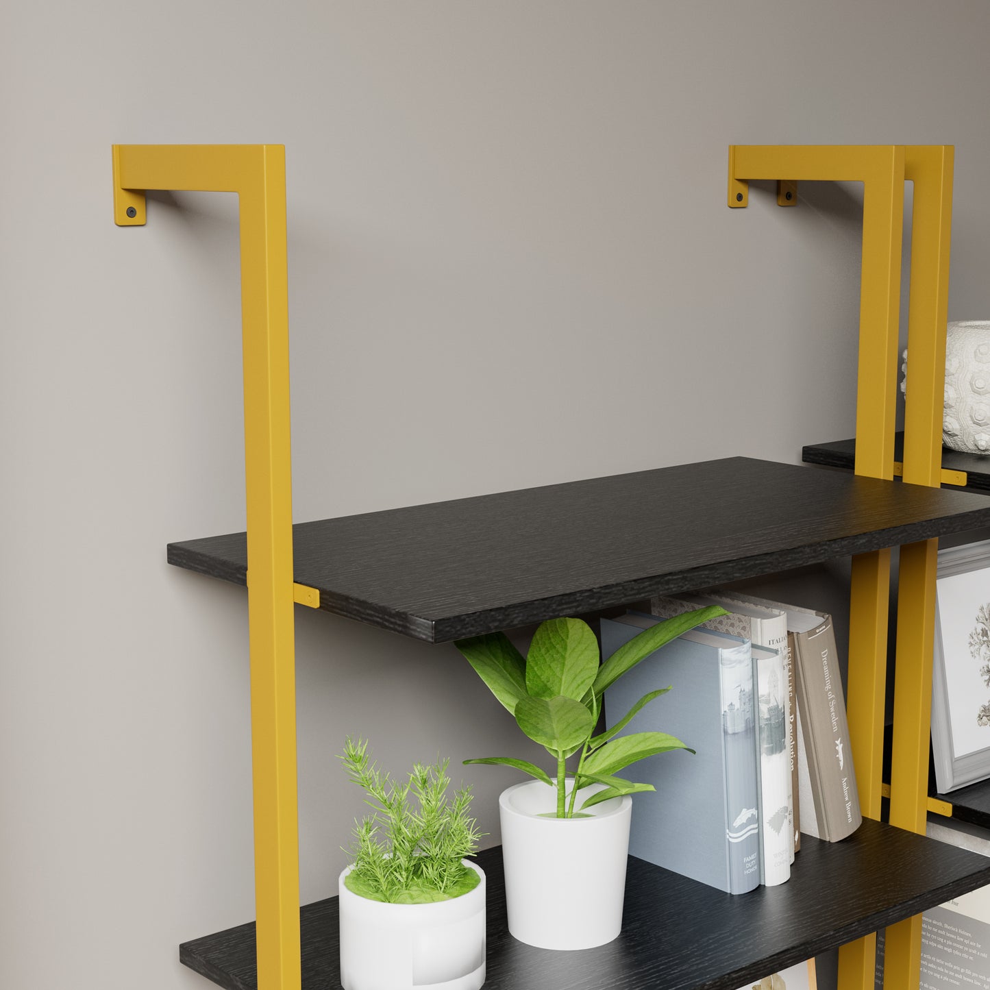 Black MDF Ladder Shelf - 5 Tier Wall Mounted Bookshelf