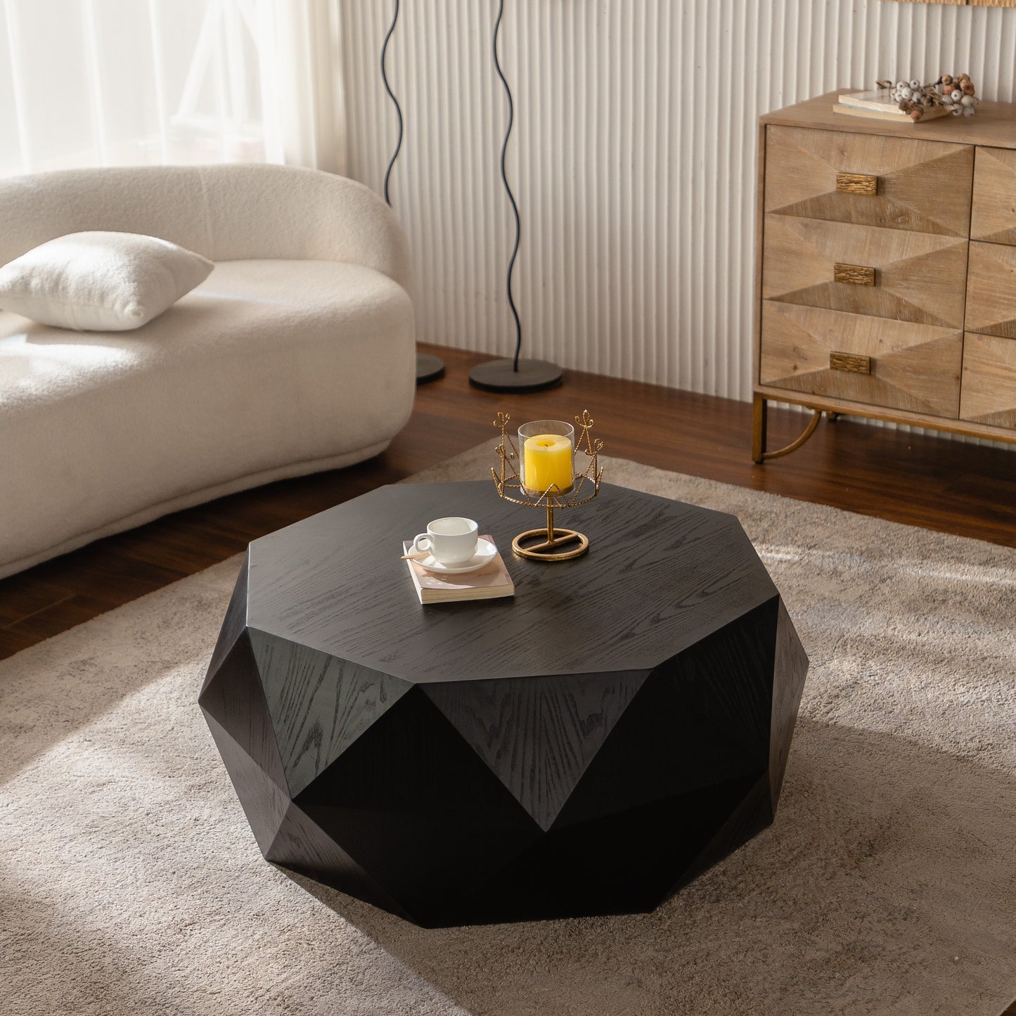 38 Inch Black MDF Coffee Table - Retro American Style for Living Room