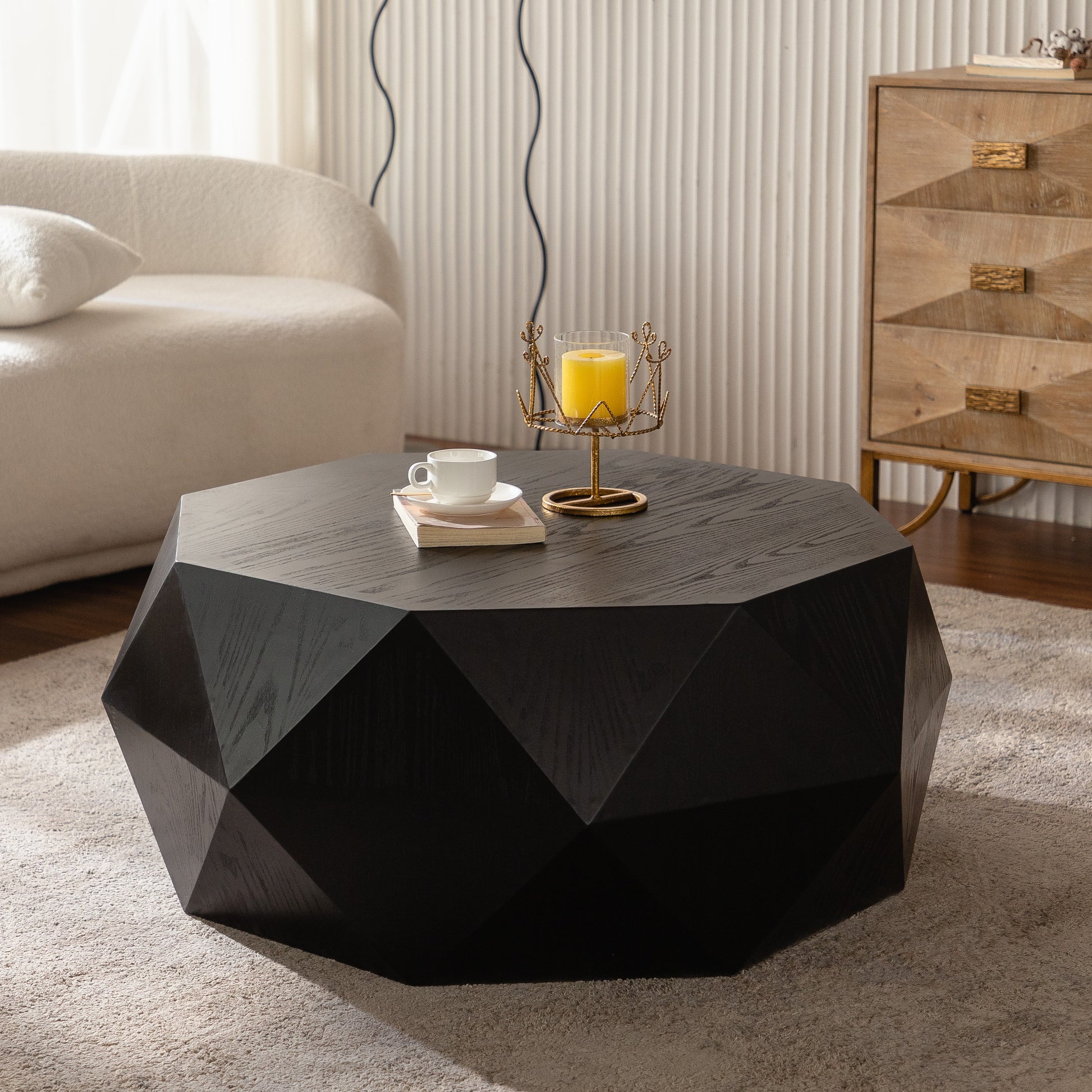 38 Inch Black MDF Coffee Table - Retro American Style for Living Room