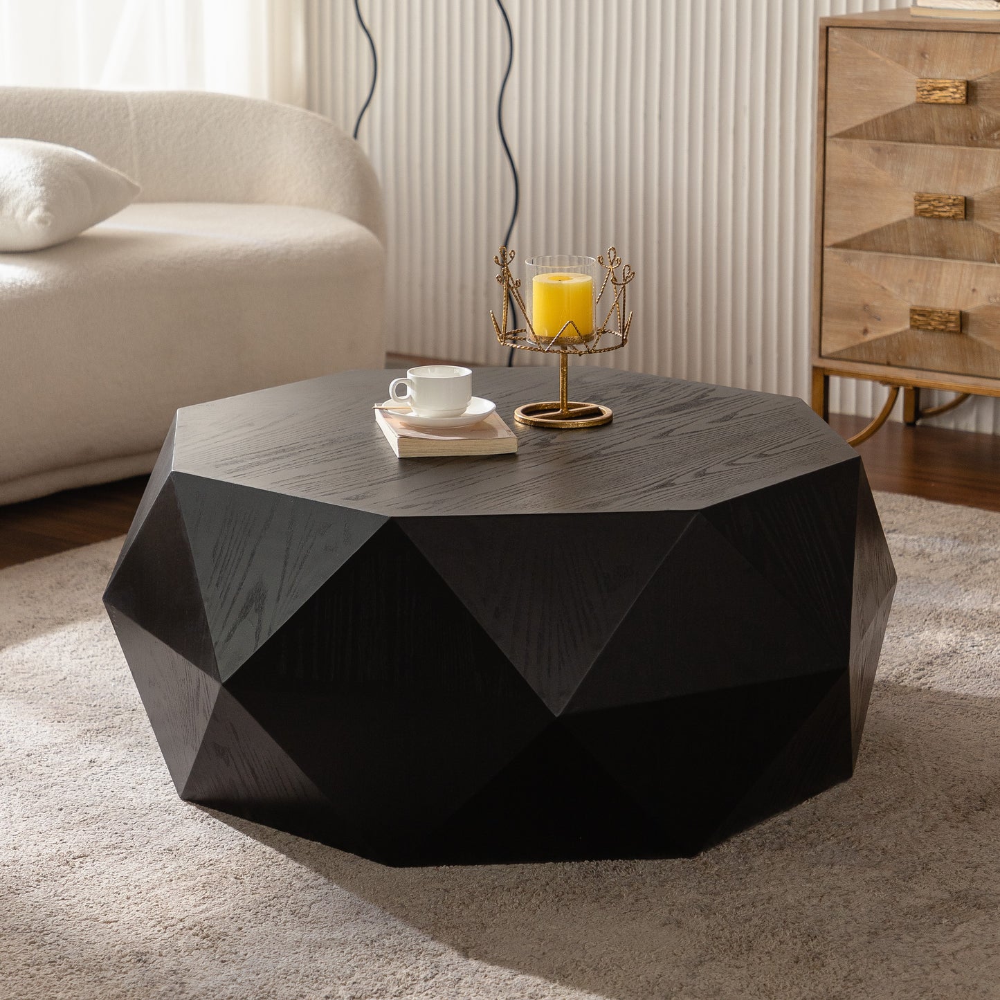 38 Inch Black MDF Coffee Table - Retro American Style for Living Room