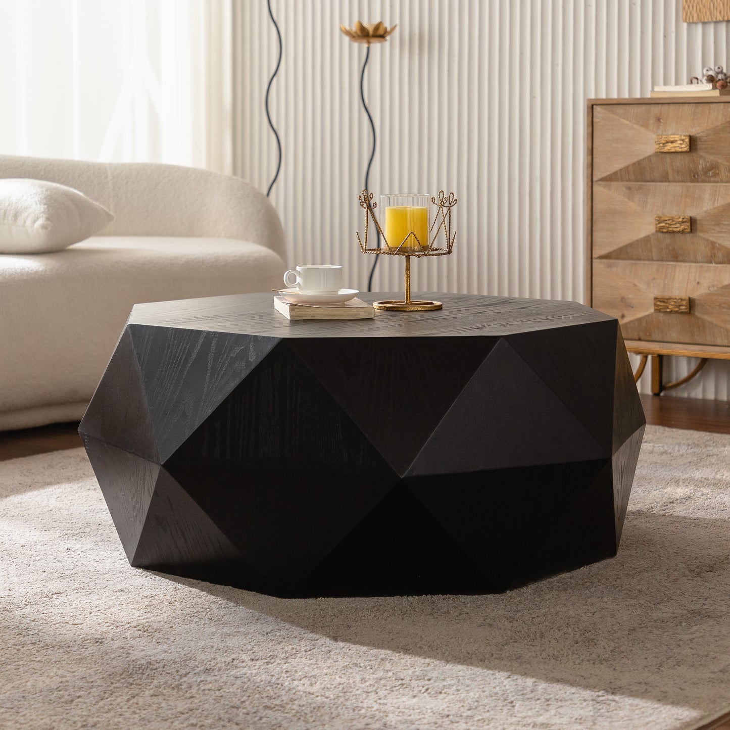 38 Inch Black MDF Coffee Table - Retro American Style for Living Room
