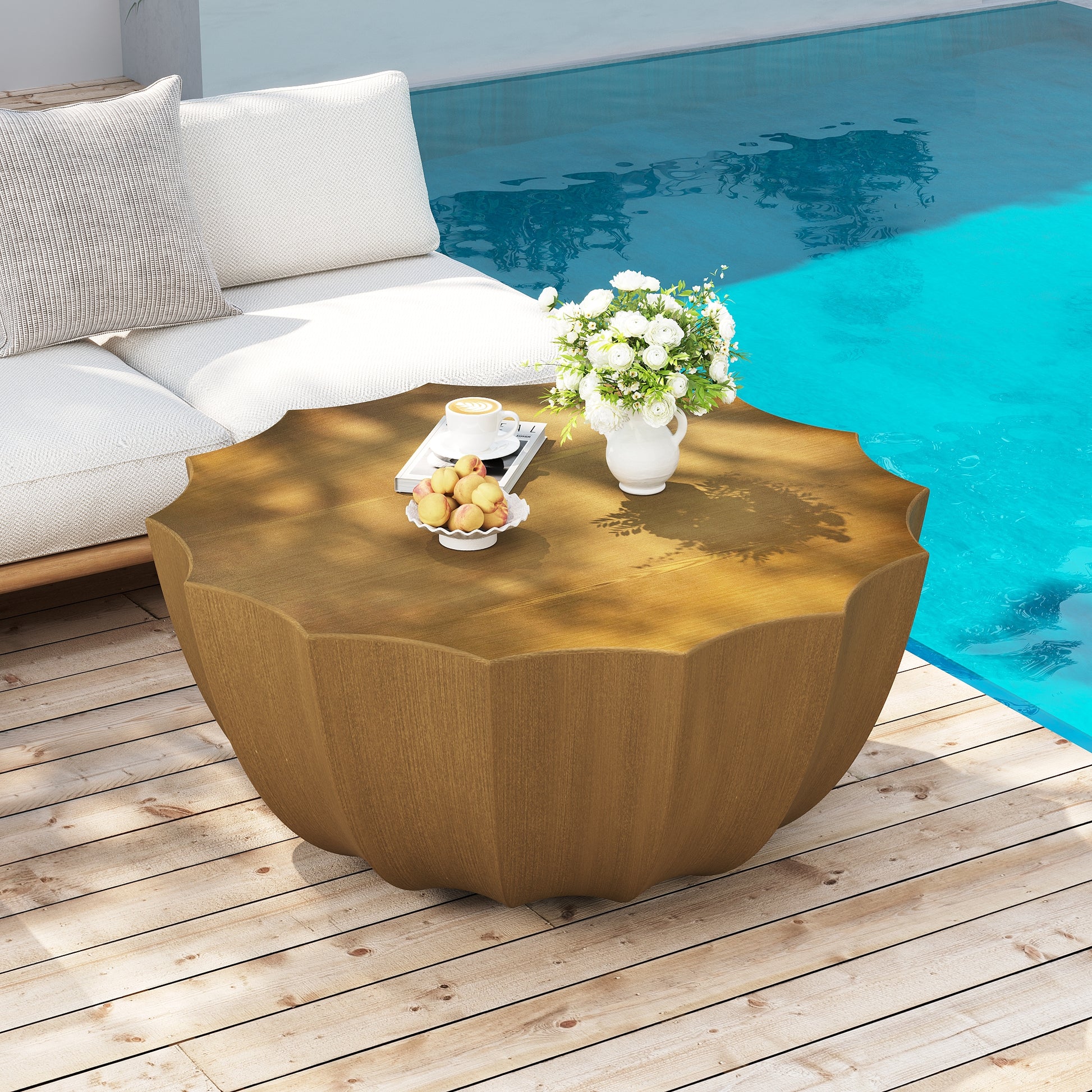 35.43" Modern Outdoor and Indoor Waterproof Coffee Table, Durable MgO Cement Design, Suitable for Terraces, Gardens, Backyards and Living Rooms (Deep wood grain color)