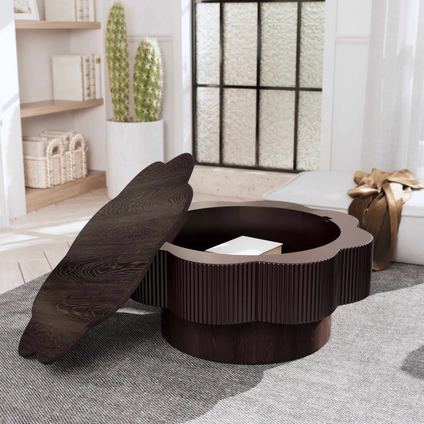 31.50"Modern Flower Shaped Coffee Table, Plum Blossom Shaped Coffee Table with Storage – Natural Wood Veneer, for LivingRoom, Apartment, Office, Easy Assembly, Dark Brown