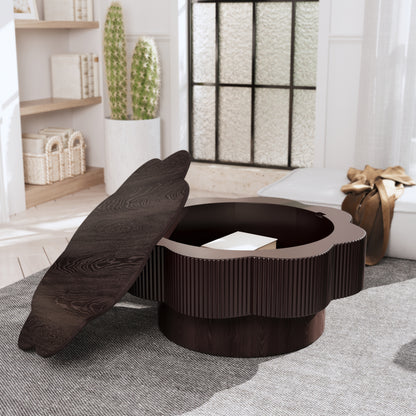 31.50"Modern Flower Shaped Coffee Table, Plum Blossom Shaped Coffee Table with Storage – Natural Wood Veneer, for LivingRoom, Apartment, Office, Easy Assembly, Dark Brown
