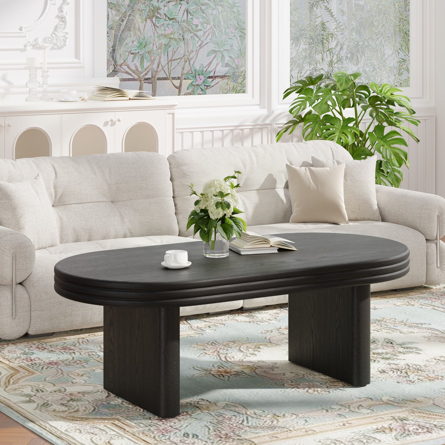 Mid Century Modern Oval Fluted Coffee Table, Farmhouse Wood Coffee Table, Cocktail Table, Center Table for Living Room, Office, Home Decor(Black, 23.62" D x 47.24" W x 16.34" H)