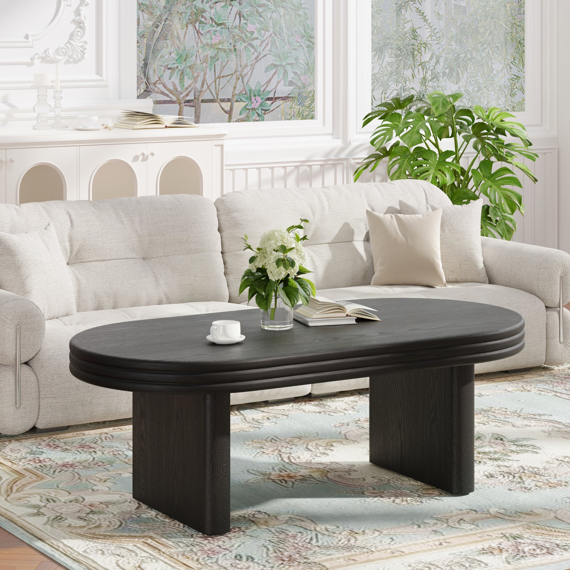 Mid Century Modern Oval Fluted Coffee Table, Farmhouse Wood Coffee Table, Cocktail Table, Center Table for Living Room, Office, Home Decor(Black, 23.62" D x 47.24" W x 16.34" H)