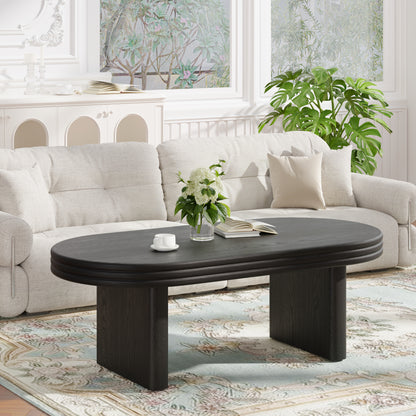 Mid Century Modern Oval Fluted Coffee Table, Farmhouse Wood Coffee Table, Cocktail Table, Center Table for Living Room, Office, Home Decor(Black, 23.62" D x 47.24" W x 16.34" H)