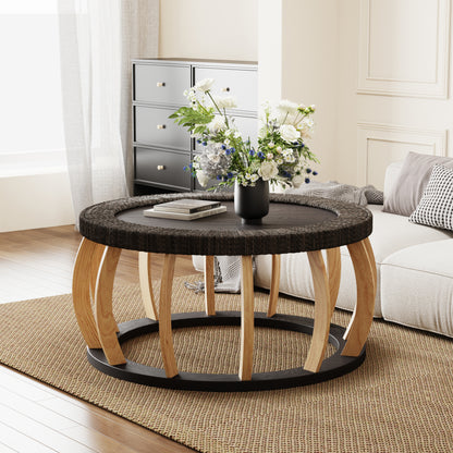 Living Room 35.43" Round Coffee Table - Black Brown Solid Wood Rattan Accent Table